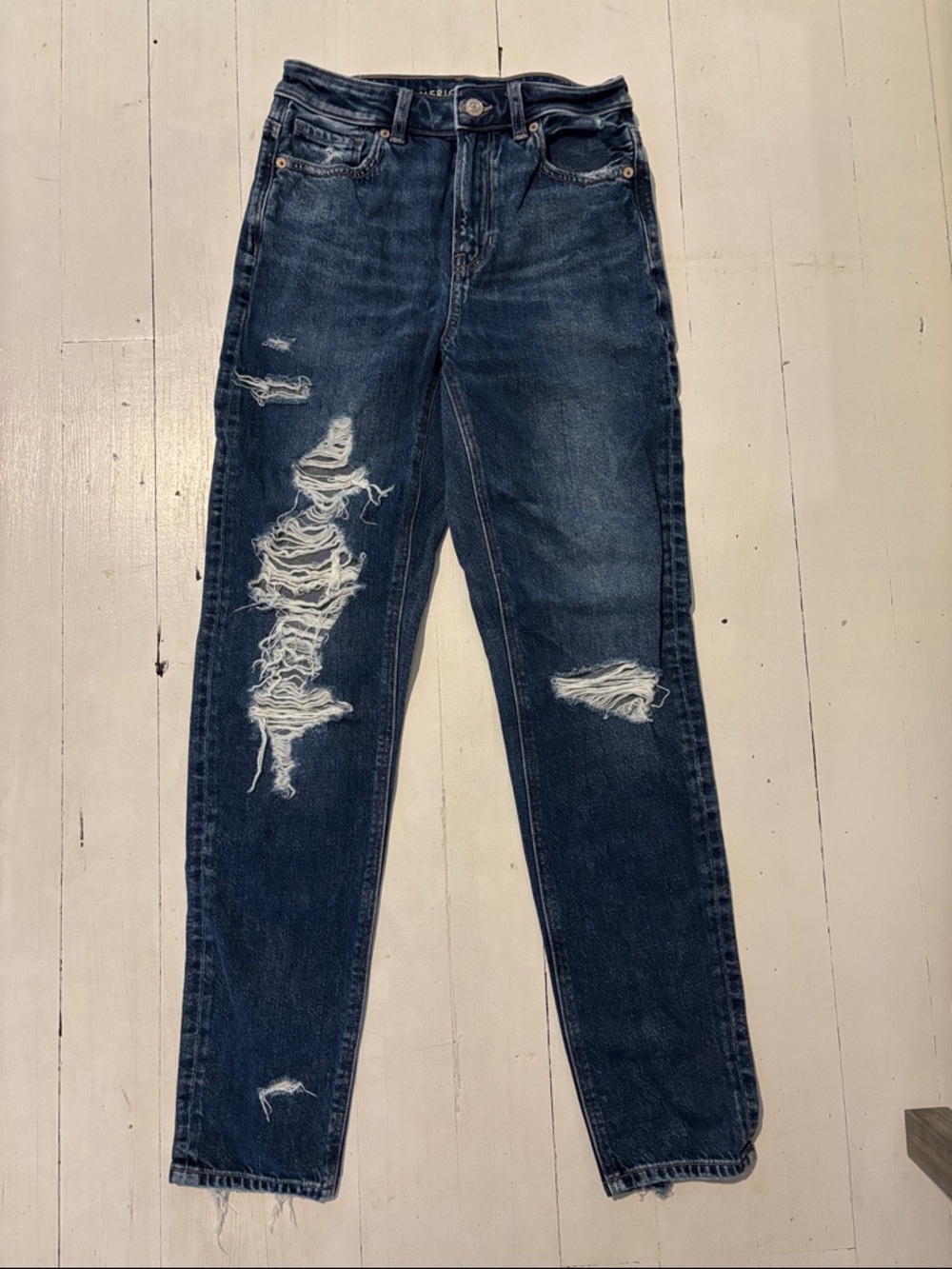 American Eagle Outfitters Dark Blue Distressed Straight Leg Jeans